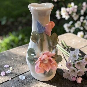 🌸 Vtg Miniature Bone China Floral Bud Vase Encrusted Flowers Shabby Chic Decor
